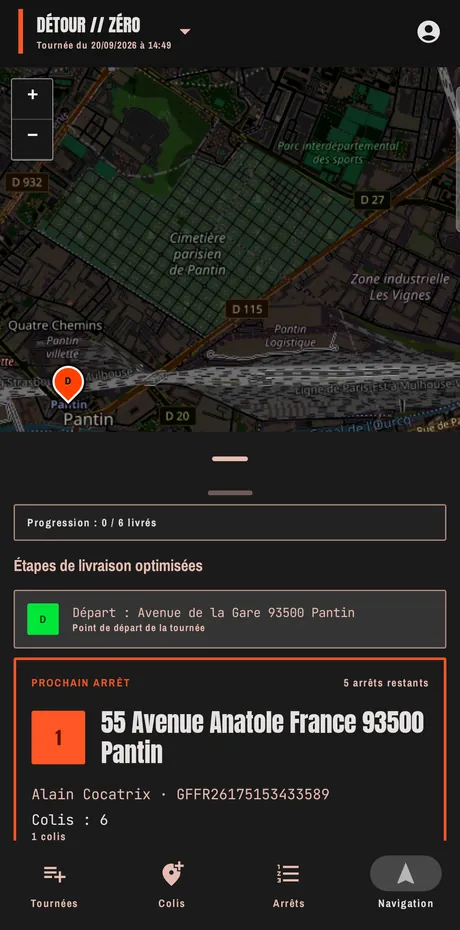 Écran Navigation : la tournée tracée sur la carte, avec le tiroir des étapes de livraison.